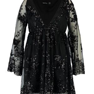 Boohoo Plus Floral Sequin Wrap Skater Dress